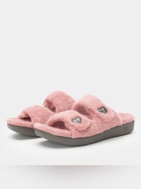 Alegria Plush Pink Slide Slippers with Heart Accents